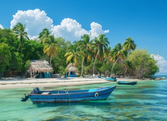 A tropical island with palm trees and thatched huts, boats on the white sand beach, blue sky and turquoise sea water.