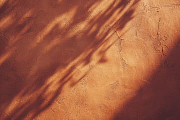 Poster - Sunlight creates shadows on a textured brown wall, forming an abstract background. The play of light and dark evokes tranquility