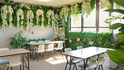 Sticker - A room filled with numerous white tables and chairs, creating a serene atmosphere for learning, A tranquil classroom adorned with white plants and flowers