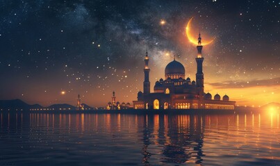 Wall Mural - Illuminated Mosque at Night With Crescent Moon and Stars