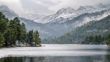 Wall Mural - Snow covered mountains encircle a body of water in a winter landscape, A tranquil mountain range covered in a light dusting of snow