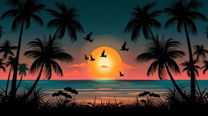 Tranquil tropical sunset with silhouetted palm trees and birds