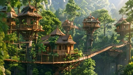 Wall Mural - Tree house surrounded by dense forest with connected bridges, A treehouse village connected by suspended bridges and ziplines