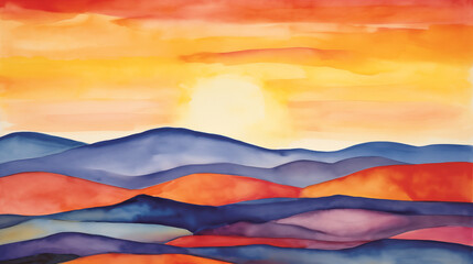 Wall Mural - Watercolor abstract sunset over mountains landscape, purple, red and yellow shades