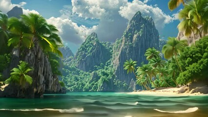 Poster - A vibrant painting depicting a tropical island with towering palm trees against a clear sky, A tropical island with towering cliffs and crystal clear waters