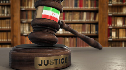 Wall Mural - Iran Flag on Judge Hammer in Court with Word Justice. Justice System 3D Illustration