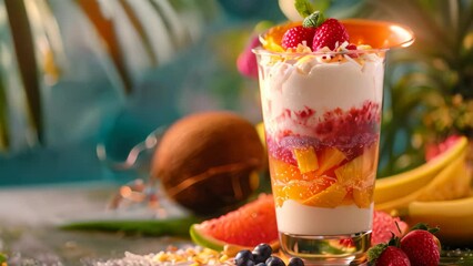 Canvas Print - Glass filled with an assortment of tropical fruit sitting on a wooden table, A tropical paradise depicted in a glass, with layers of exotic fruits and coconut milk