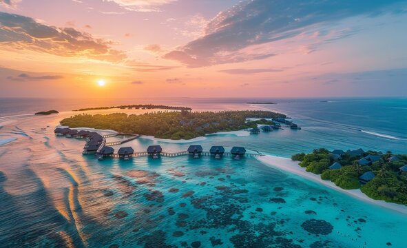 Aerial view of luxury overwater shape resort in Maldives, A dreamy tropical island with white sandy beaches and clear blue water, huts on the sea and a pier to an idyllic beach
