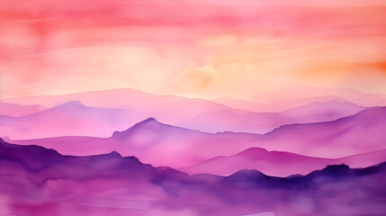 Wall Mural - Watercolor sunset mountain landscape