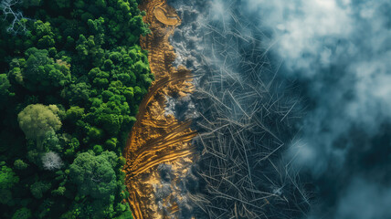 Deforest environmental problem, aerial split image from above top view, logging of rain forest, created with Generative AI