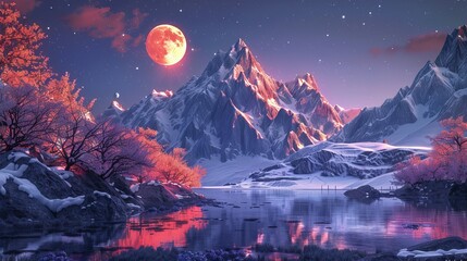 A breathtaking digital art 3D illustration depicting a beautiful fantasy world at night.