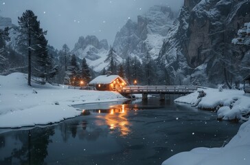 Wall Mural - Photo of the tiny cabin in front, an emerald lake at night with snow and reflection 