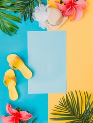 Wall Mural - Summer paper frame. vibrant summer-themed flat lay featuring an blank sheet of paper on a soft background, surrounded by tropical leaves, pink and yellow flowers, strawberries, and watermelon slices.