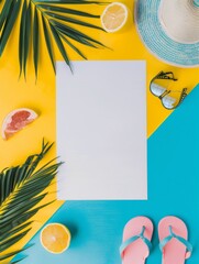 Wall Mural - Summer paper frame. vibrant summer-themed flat lay featuring an blank sheet of paper on a soft background, surrounded by tropical leaves, pink and yellow flowers, strawberries, and watermelon slices.