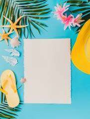 Wall Mural - Summer paper frame. vibrant summer-themed flat lay featuring an blank sheet of paper on a soft background, surrounded by tropical leaves, pink and yellow flowers, strawberries, and watermelon slices.