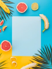 Wall Mural - Summer paper frame. vibrant summer-themed flat lay featuring an blank sheet of paper on a soft background, surrounded by tropical leaves, pink and yellow flowers, strawberries, and watermelon slices.