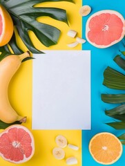 Wall Mural - Summer paper frame. vibrant summer-themed flat lay featuring an blank sheet of paper on a soft background, surrounded by tropical leaves, pink and yellow flowers, strawberries, and watermelon slices.