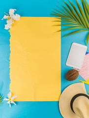 Wall Mural - Summer paper frame. vibrant summer-themed flat lay featuring an blank sheet of paper on a soft background, surrounded by tropical leaves, pink and yellow flowers, strawberries, and watermelon slices.