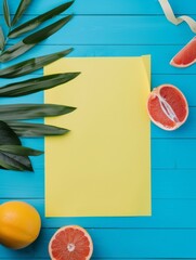 Wall Mural - Summer paper frame. vibrant summer-themed flat lay featuring an blank sheet of paper on a soft background, surrounded by tropical leaves, pink and yellow flowers, strawberries, and watermelon slices.