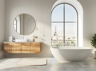 A modern bathroom with white and beige walls, concrete floor, round mirror on the wall, bathtub in front of a large window showing a Paris view, wooden cabinet near the sink, neutral color palette