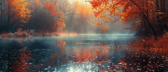 Wall Mural - misty sunrise over a serene lake surrounded by autumn’s fiery embrace a perfect backdrop for moments of peace and reflection