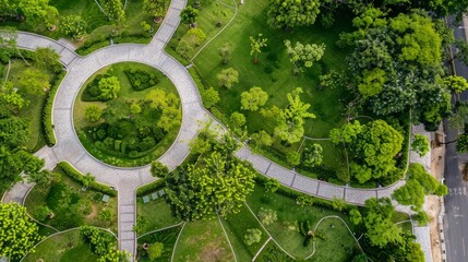 An aerial drone photograph captures the intricate layout of a park, showcasing a network of winding paths surrounded by vibrant green trees and manicured lawns