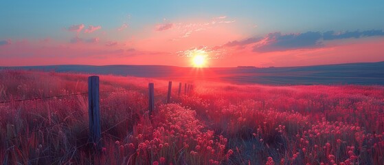Wall Mural - sunset hues casting a warm glow over a field of blooming pink flowers with a rustic fence leading towards a horizon under a vibrant sky
