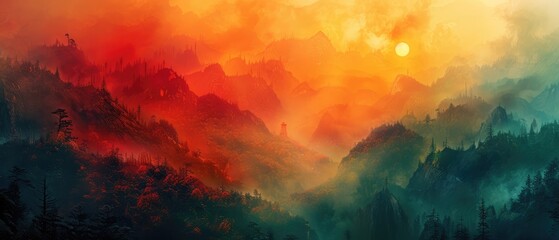 Wall Mural - layers of mountains and a forest bathed in sunrise light create an ethereal atmosphere in this serene landscape perfect for a peaceful backdrop