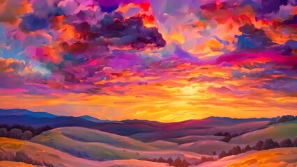 Canvas Print - A painting depicting a vibrant sunset casting warm hues over a valley nestled between rolling hills, A vibrant sunset over rolling hills