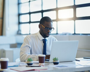 Aufkleber - Finance, documents or African businessman with laptop in office for planning, research or tax, savings or review. Fintech, investment or accountant with glasses for startup, accounting or sale profit