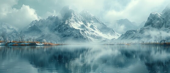 a serene and tranquil winter landscape of a frozen lake in the alpine mountains of austria, surrounded by snow-covered trees and misty fog