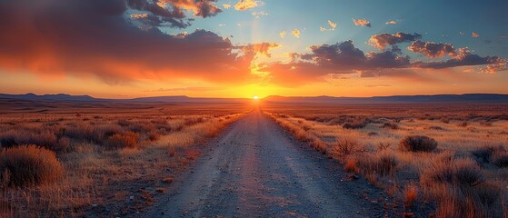 Wall Mural - sunset landscape of a rural road, with a field of yellow grass and a blue sky, bathed in the warm sunlight of a summer evening