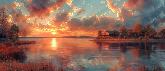 Wall Mural - sunset landscape of a sea coast, with a calm ocean and a sky ablaze with orange and red hues, reflecting the beauty of nature