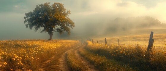 Wall Mural - a serene and beautiful landscape of a foggy countryside, with a field of green grass and a tree-lined horizon, bathed in the warm sunlight of a summer morning