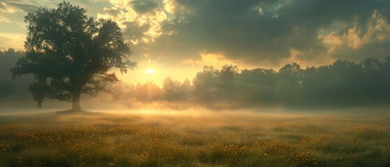 Wall Mural - summer landscape with a scenic countryside view and a misty forest in the background with a bright sunny sky and a yellow horizon