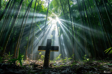 Wall Mural - A cross in a tranquil bamboo grove, with sunrays filtering through the dense canopy and clouds, creating a scene of natural beauty and peace