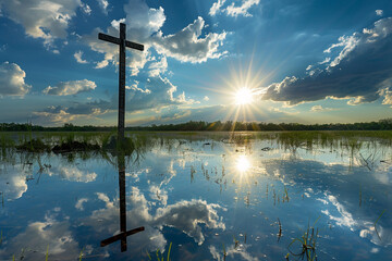 Wall Mural - A cross in a serene wetland, with sunrays reflecting off the still water and breaking through scattered clouds, creating a peaceful and reflective scene