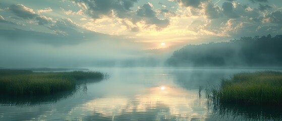 Wall Mural - summer landscape with a scenic lake view and a colorful sunset sky with a few trees reflected in the water and a few clouds in the sky and a misty forest in the background