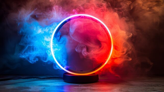 Create a neon light representation of a retro rotary fan, spinning lazily in the night breeze with its luminous blades