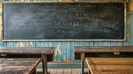 Poster - A vintage classroom featuring a blackboard covered in writing, capturing an educational setting, A vintage classroom setting with a worn blackboard and antique wooden desks