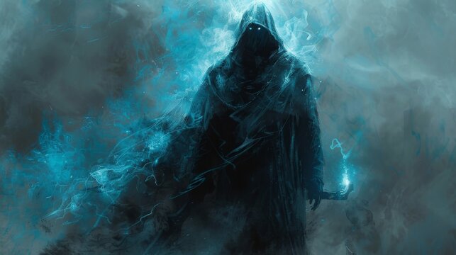 A mysterious cloaked entity radiates blue energy and stands against a smokey and abstract background