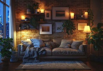 Wall Mural - Dark room with brown brick wall, sofa and coffee table near window at night 