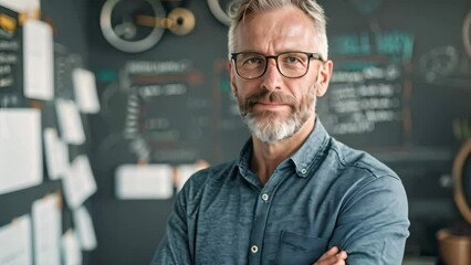 Poster - Bearded man with glasses standing in front of a blackboard, A visionary entrepreneur with big ideas and a drive to succeed, leading a team to innovate and excel