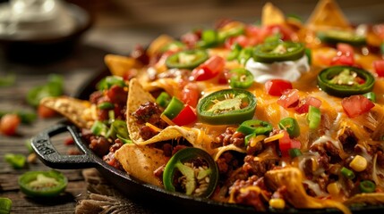 Wall Mural - A close up photo of a plate of loaded nachos topped with melted cheese, jalapenos, sour cream, tomatoes, and ground beef
