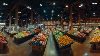 Wall Mural - A panoramic view of a grocery stores produce section, showcasing a wide variety of fresh fruits and vegetables displayed on shelves and tables