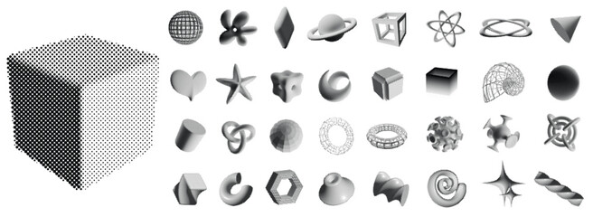 Poster - halftone 3d shapes. geometric figures and abstract forms with halftone shading dotted gradient patte
