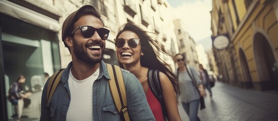 Wall Mural - portrait of a couple of tourists having fun walking on a busy city street