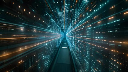 Canvas Print - Tunnel of lights creating a mesmerizing visual effect inside a room, A visualization of secure data transmission through the internet