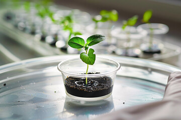 Wall Mural - small plant seedling in research lab. concept for biotechnology and genetic modification