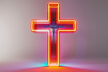 Wall Mural - A cross with a neon light design, bright and modern, on a solid white background.